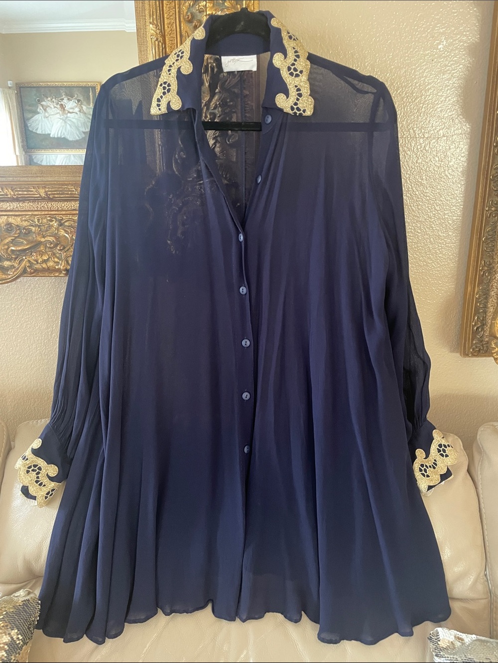 Vintage Gottex Navy Sheer Button-Up Flowing Blouse Gold Lace Trim